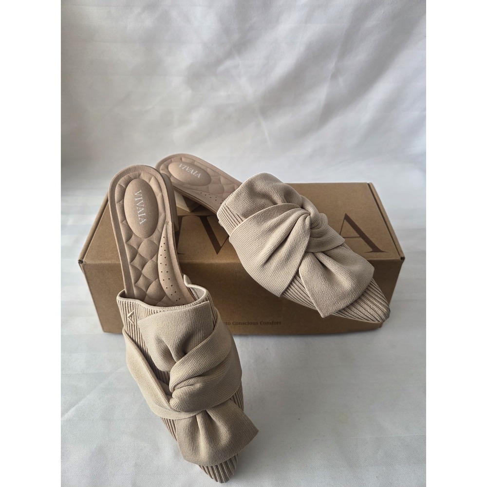 Vivaia Yaffa Pro Almond Knotted Bow Pointed Toe Mules Knit Block Heel US 8 EU 39 - Picture 11 of 14